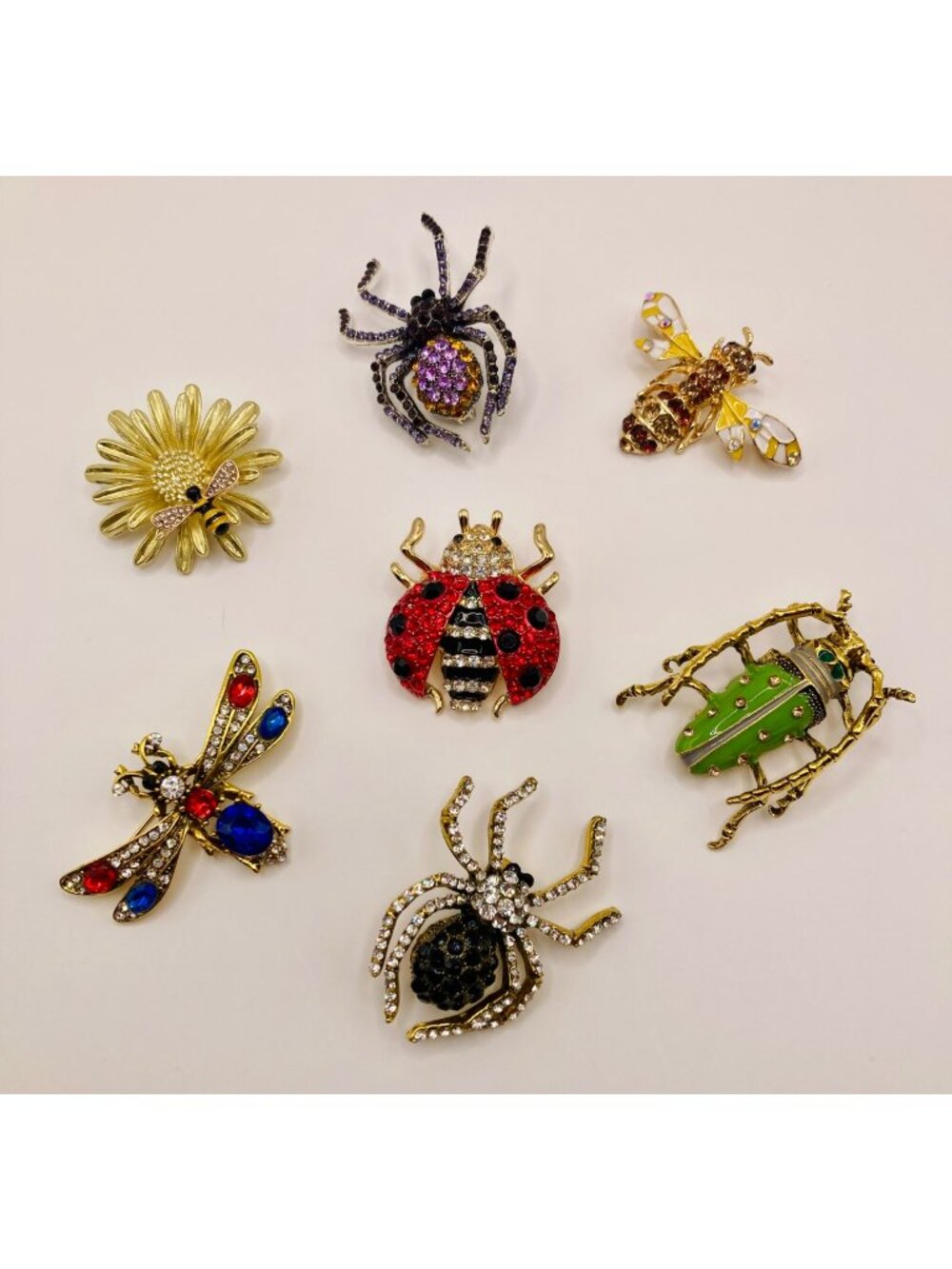 Set Of 7 Insect-Themed Rhinestone Brooch Pins: Ladybug Spider Dragonfly Bee Beet